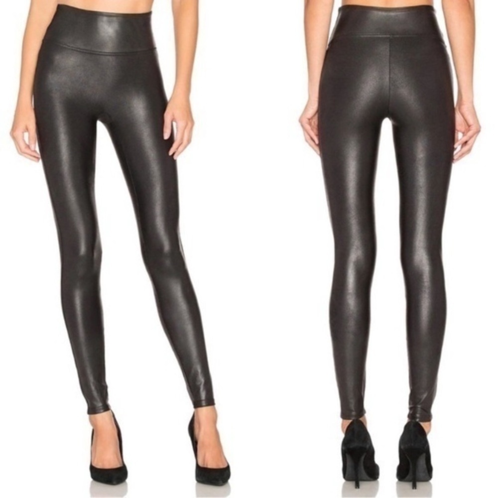 Spanx Shaping Black Mid Rise Faux Leather Leggings Size Medium